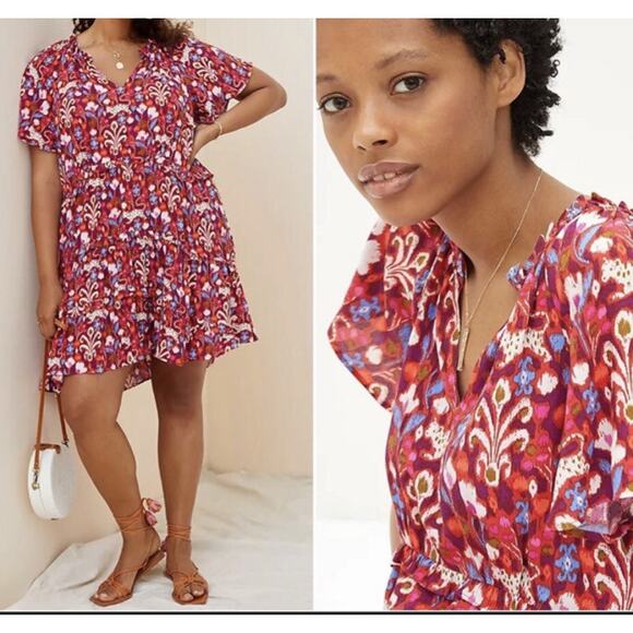 ANTHROPOLOGIE Robin Tiered Mini Dress Red Pink‎ Purple Ruffle VNeck Geo Sz L - Picture 2 of 11